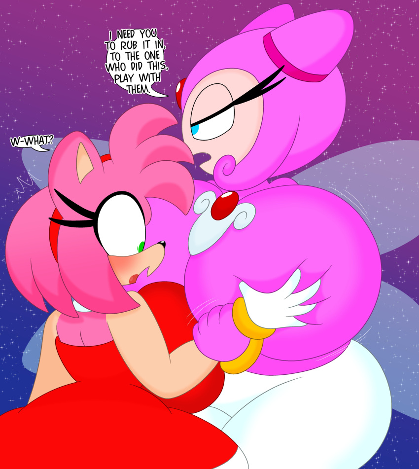 2023 3barts 4k absurd_res accessory amy_rose anthro big_breasts blue_eyes blush bouncing_breasts breast_grab breast_jiggle breast_squish breasts clothing cosmic_background curvaceous curvy_figure detailed_background dialogue digital_drawing_(artwork) digital_media_(artwork) dress duo english_text eulipotyphlan eyelashes fairy female female/female fingers fur gloves green_eyes hair hair_accessory hairband hand_on_breast handwear hedgehog hi_res hourglass_figure huge_breasts humanoid jiggling lumina_flowlight mammal motion_lines multicolored_body multicolored_fur open_mouth pink_body pink_fur pink_hair sega short_hair small_waist smile sonic_shuffle sonic_the_hedgehog_(series) space space_background squish tan_body tan_fur text thick_thighs two_tone_body two_tone_fur voluptuous wide_hips wings