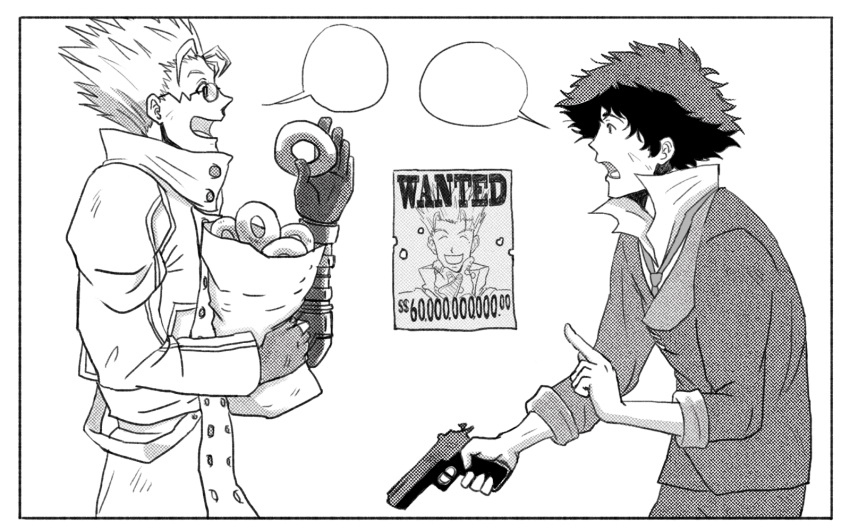 2boys coat commentary_request cowboy_bebop crossover doughnut fingerless_gloves food from_side glasses gloves greyscale gun highres holding long_sleeves looking_at_another male_focus monochrome multiple_boys muu_(muu_146) necktie partial_commentary sleeves_rolled_up speech_bubble spike_spiegel trigun upper_body vash_the_stampede wanted weapon