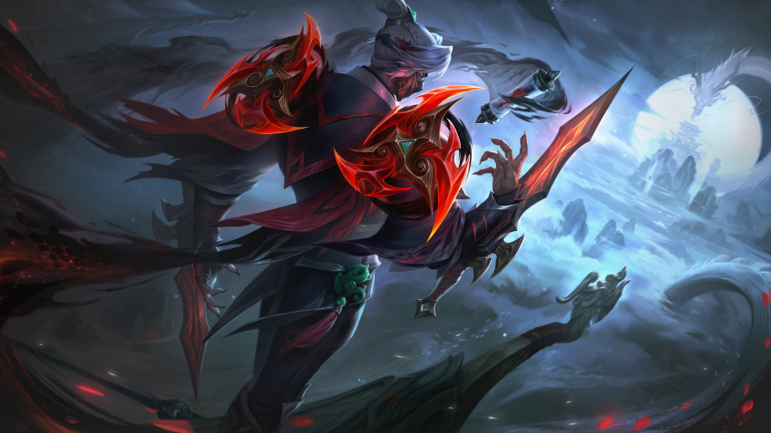 1boy absurdres alternate_costume arm_blade cloud dragon eastern_dragon falling_petals fingernails fog full_moon hair_between_eyes hair_bun hair_ornament highres immortal_journey_zed league_of_legends mask medium_hair moon moonlight mountain mouth_mask night night_sky official_alternate_costume official_art outdoors petals red_eyes red_petals rose_petals scroll shadow sharp_fingernails shuriken single_hair_bun sky solo standing temple weapon white_hair white_nails zed_(league_of_legends)