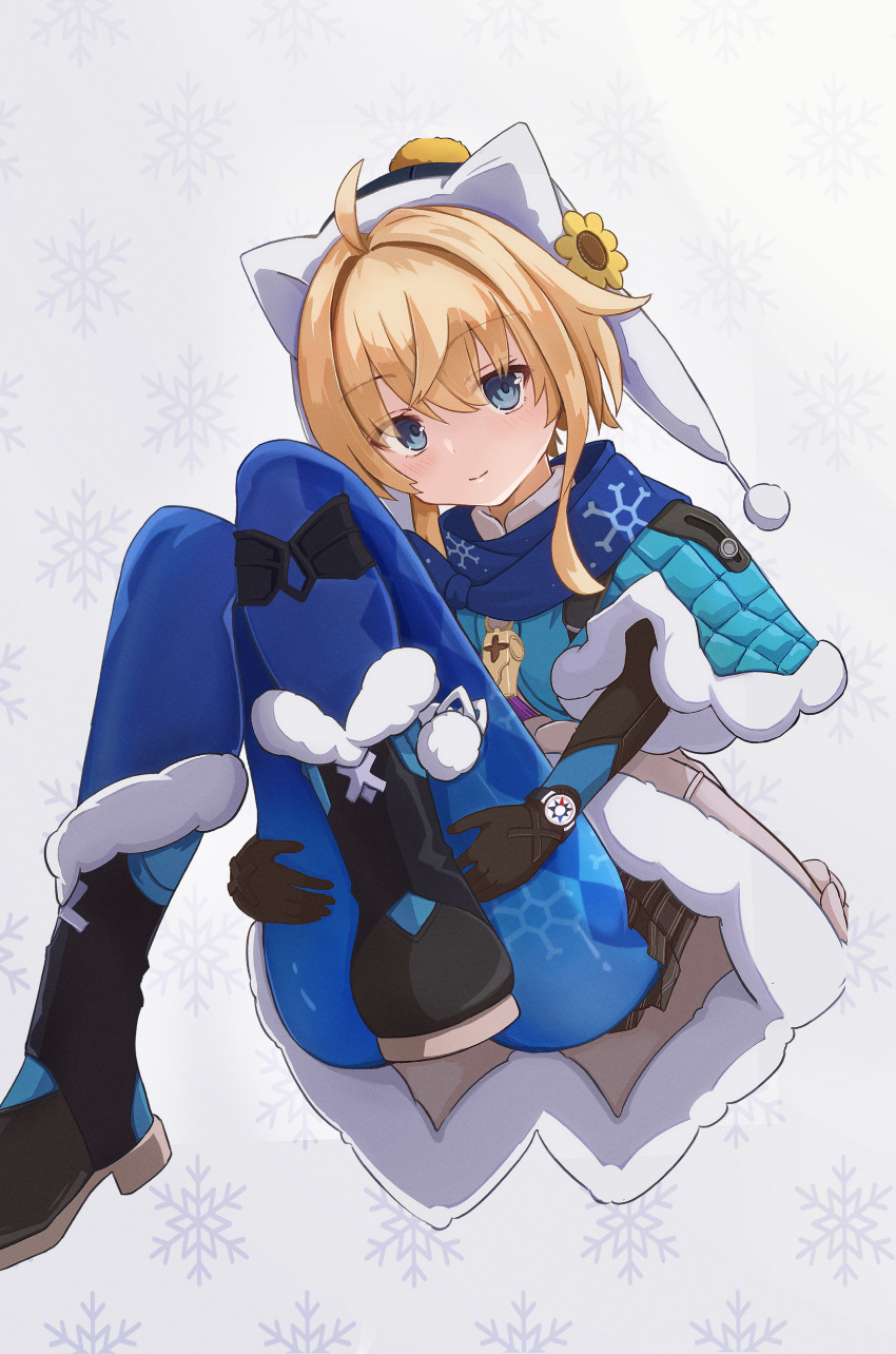 1girl absurdres ahoge ass beanie black_footwear black_gloves blonde_hair blue_eyes blue_pants blue_scarf blush boots closed_mouth commentary elumina1213 full_body gloves hat highres honkai:_star_rail honkai_(series) knees_up light_smile looking_at_viewer lynx_landau pants scarf short_hair snowflakes solo whistle winter_clothes