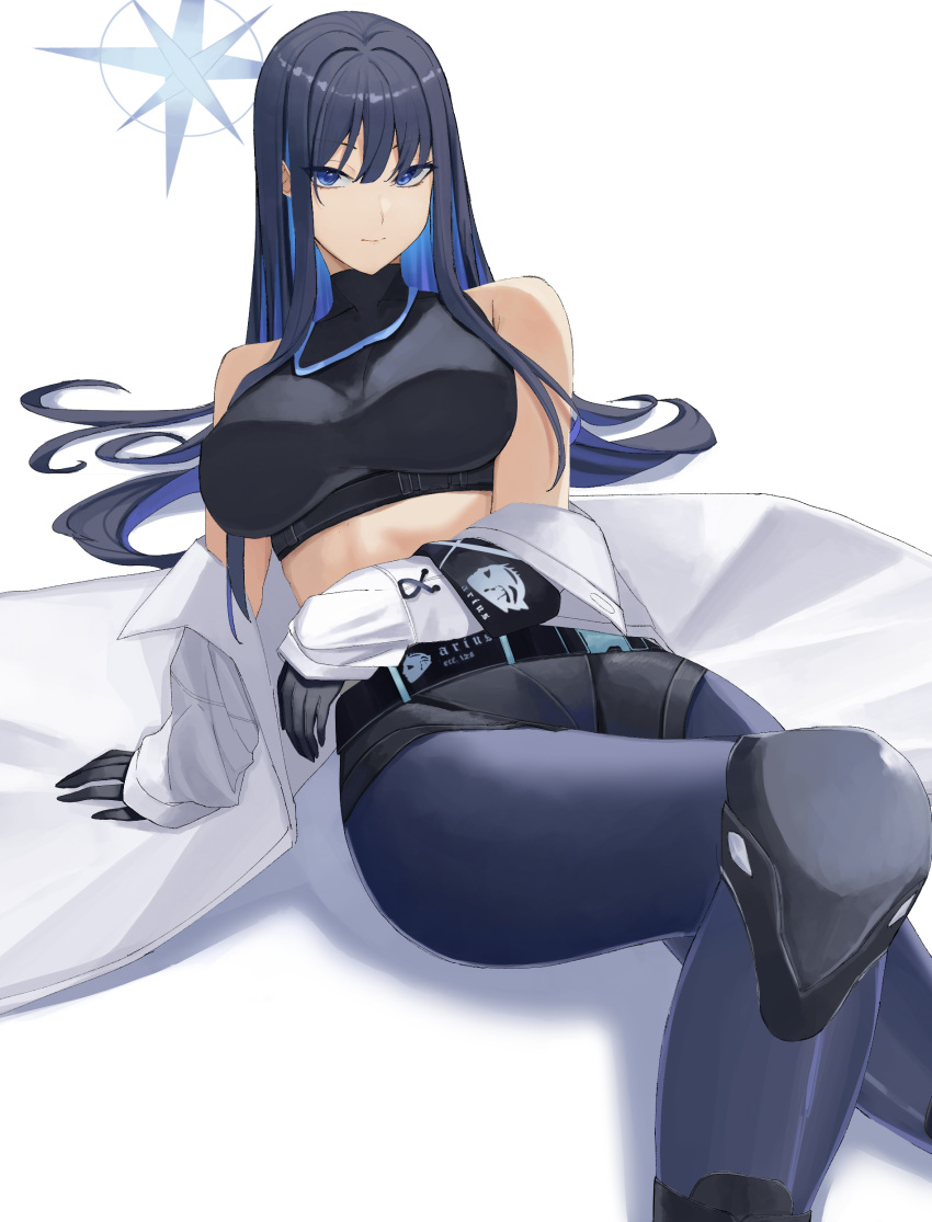 1girl absurdres armband bare_shoulders belt black_belt black_gloves black_shirt blue_archive blue_eyes blue_hair blue_pants coat commentary crop_top feet_out_of_frame gloves highres leggings long_hair long_sleeves looking_at_viewer midriff no_headwear off_shoulder open_clothes open_coat pants ref_(pmxt4483) saori_(blue_archive) shirt simple_background smile solo stomach thighs white_background white_coat