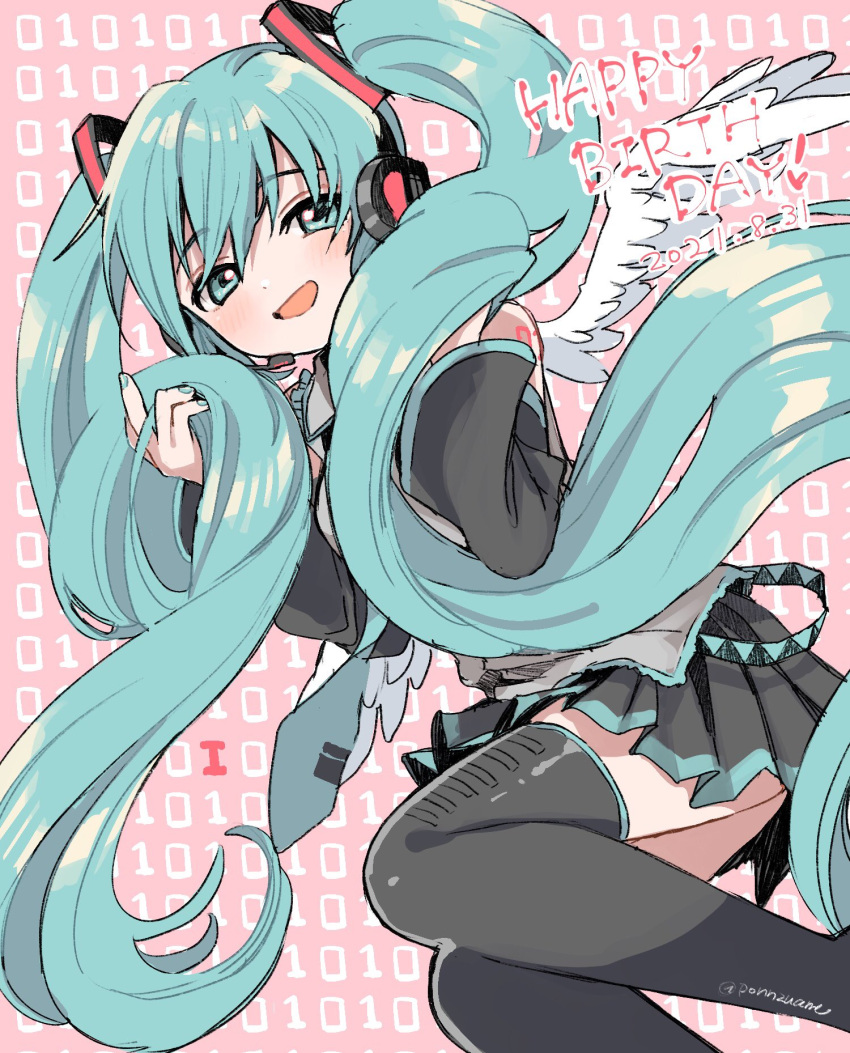 1girl amezawa_koma angel_wings aqua_eyes aqua_hair aqua_nails bare_shoulders binary blush detached_sleeves feathered_wings happy_birthday hatsune_miku headphones headset highres holding holding_hair long_hair looking_at_viewer necktie open_mouth pink_background pleated_skirt shirt skirt sleeveless sleeveless_shirt smile solo thighhighs twintails two-tone_background very_long_hair vocaloid white_wings wings zettai_ryouiki