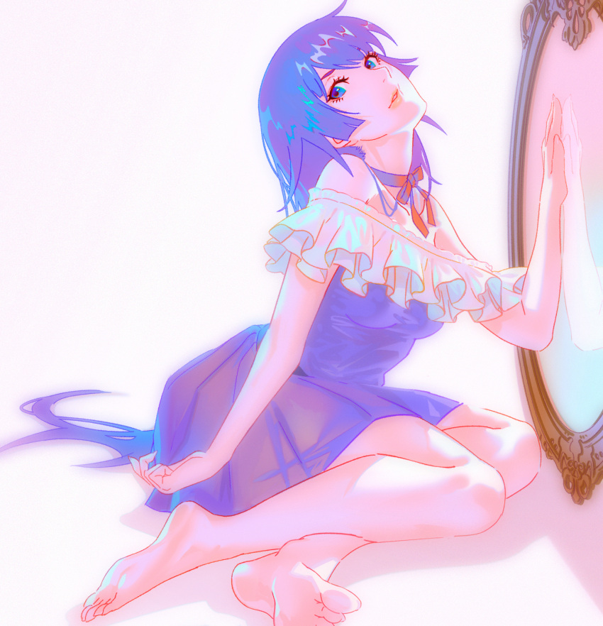 1girl bakemonogatari barefoot blue_eyes breasts collar commentary_request dress feet frilled_collar frills full_body gradient_background hand_on_own_thigh hand_up head_tilt highres long_hair medium_breasts monogatari_(series) neck_ribbon off-shoulder_dress off_shoulder purple_dress purple_eyes rapa_rachi revision ribbon senjougahara_hitagi shadow shiny_skin short_dress sidelocks sitting soles solo toes very_long_hair yokozuwari