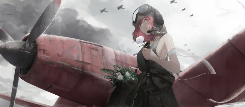 1girl absurdres aircraft airplane aviator_cap aviator_eyewear bandaged_arm bandages breasts brown_shirt closed_mouth cloud cloudy_sky commentary eyepatch flower from_below fur-trimmed_headwear grey_eyes headset highres holding holding_flower igawa_hikaru incredibly_absurdres looking_to_the_side medium_hair microphone original outdoors propeller red_hair shirt sideboob sky solo stitches