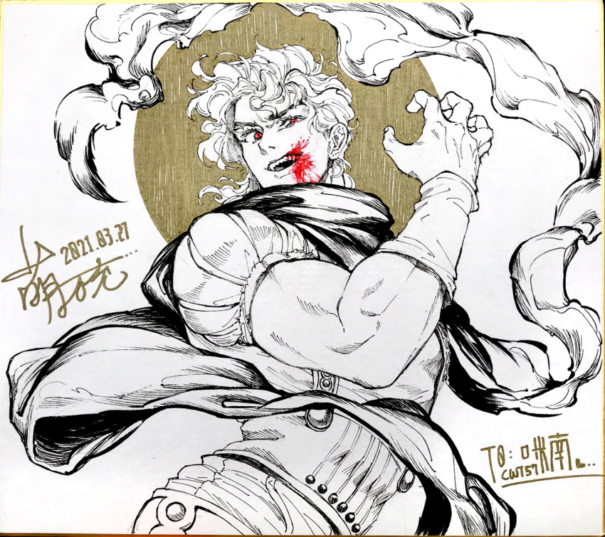 1boy 2021 blood blood_on_face commentary_request dated dio_brando fangs greyscale jojo_no_kimyou_na_bouken looking_at_viewer male_focus meng_bu_chong monochrome muscular muscular_male phantom_blood red_eyes scarf short_hair signature smirk solo spot_color teeth vampire wristband