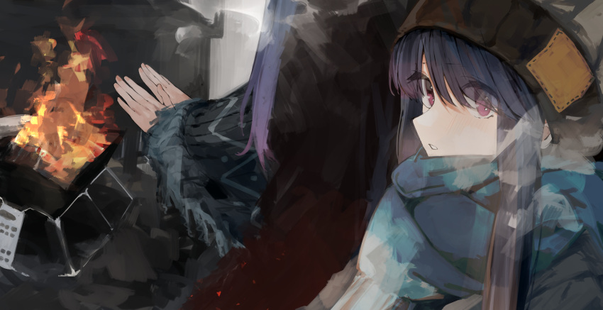 1girl absurdres beanie blue_hair blue_scarf blush fire fringe_trim hat highres leadin_the_sky long_hair long_sleeves multiple_views open_mouth purple_eyes scarf shima_rin winter_clothes yurucamp