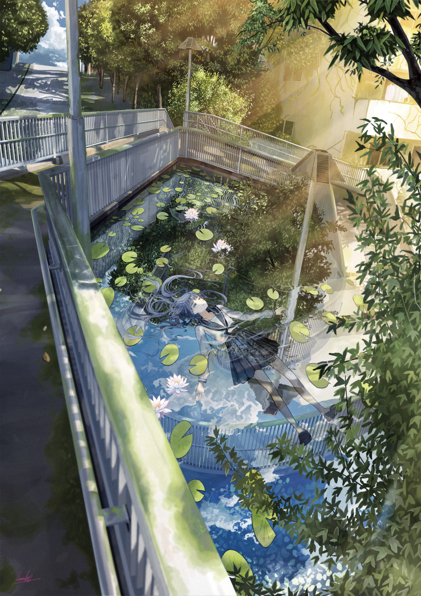 1girl absurdres banishment black_hair black_skirt building city cloud day highres lily_pad long_hair moss original outdoors partially_submerged pleated_skirt railing reflection reflective_water scenery school_uniform serafuku skirt solo water