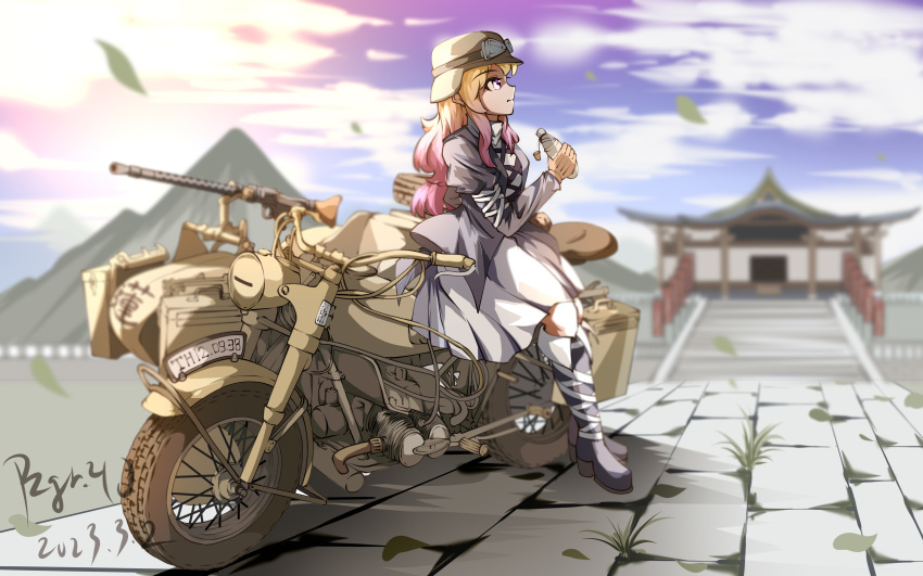 1girl absurdres black_dress black_footwear bmw_r75 brown_hair chinese_commentary closed_mouth cloud commentary_request dated dress from_side full_body gradient_hair highres hijiri_byakuren holding_gourd juliet_sleeves long_hair long_sleeves military motor_vehicle motorcycle mountain multicolored_hair outdoors puffy_sleeves purple_hair pzgr.40 shrine signature sky solo touhou variant_set white_dress yellow_eyes