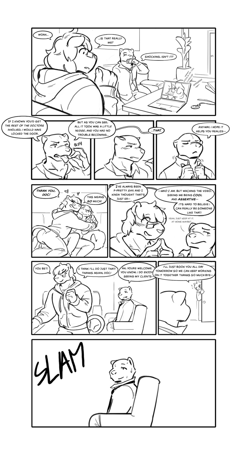 &lt;3 2020 anthro anthro_on_anthro blush bodily_fluids bottomwear capte clock clothed clothing comic dialogue duo embrace english_text erection eyewear felid fully_clothed furniture genitals glasses hair_in_mouth hi_res hoodie hug hypnotherapist larger_male lion looking_at_porn male male/male mammal monochrome mustelid necktie oral oral_penetration otter pantherine pants penetration penis plant pocketwatch pornography sitting size_difference smaller_male sofa speech_bubble sweat table text topwear watch