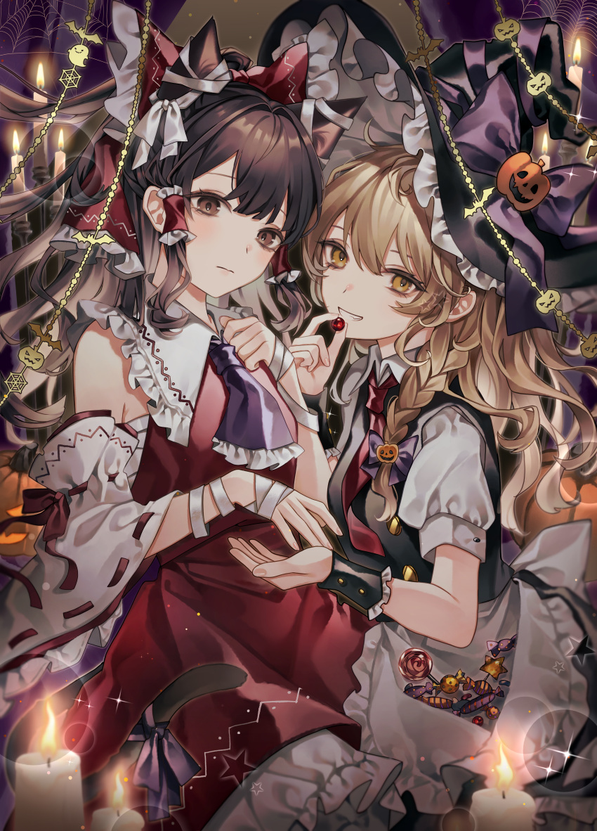 2girls absurdres apron bare_shoulders black_headwear black_vest blonde_hair blush bow braid brown_eyes brown_hair candle closed_mouth detached_sleeves frilled_apron frills grin hair_bow hair_tubes hakurei_reimu halloween halloween_costume hanaya_(fleur) hat highres japanese_clothes kirisame_marisa long_hair looking_at_viewer multiple_girls nontraditional_miko red_bow red_skirt ribbon-trimmed_sleeves ribbon_trim shirt short_sleeves sidelocks silk single_braid skirt smile spider_web touhou vest white_apron white_shirt wide_sleeves witch_hat wrist_cuffs yellow_eyes