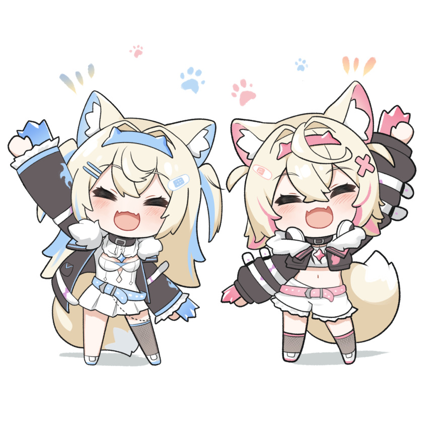 2girls animal_ear_fluff animal_ears animal_hands arm_up bandaid_hair_ornament belt belt_collar black_collar blonde_hair blue_hairband blush chibi closed_eyes collar commentary cropped_shirt crossed_bangs dog_ears dog_girl dog_tail dress fake_claws fake_horns full_body fur-trimmed_jacket fur_trim fuwawa_abyssgard hair_between_eyes hair_intakes hairband headband highres hololive hololive_english horns jacket long_hair long_sleeves midriff mococo_abyssgard multicolored_hair multiple_girls notice_lines open_mouth pink_belt pink_headband pleated_skirt shorts siblings simple_background skirt smile snowmya standing streaked_hair tail twins two_side_up virtual_youtuber white_background white_dress white_shorts