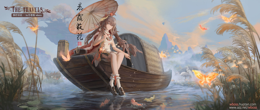 1girl black_footwear blue_sky boat brown_hair bug butterfly cape chinese_clothes cloud dress flower-shaped_pupils fur-trimmed_cape fur_trim genshin_impact glowing_butterfly hair_ornament hat highres holding holding_umbrella hu_tao_(genshin_impact) loafers long_hair looking_at_viewer oil-paper_umbrella outdoors plant pond porkpie_hat red_cape scenery shoes side_slit sitting sky solo symbol-shaped_pupils umbrella water watercraft wboss