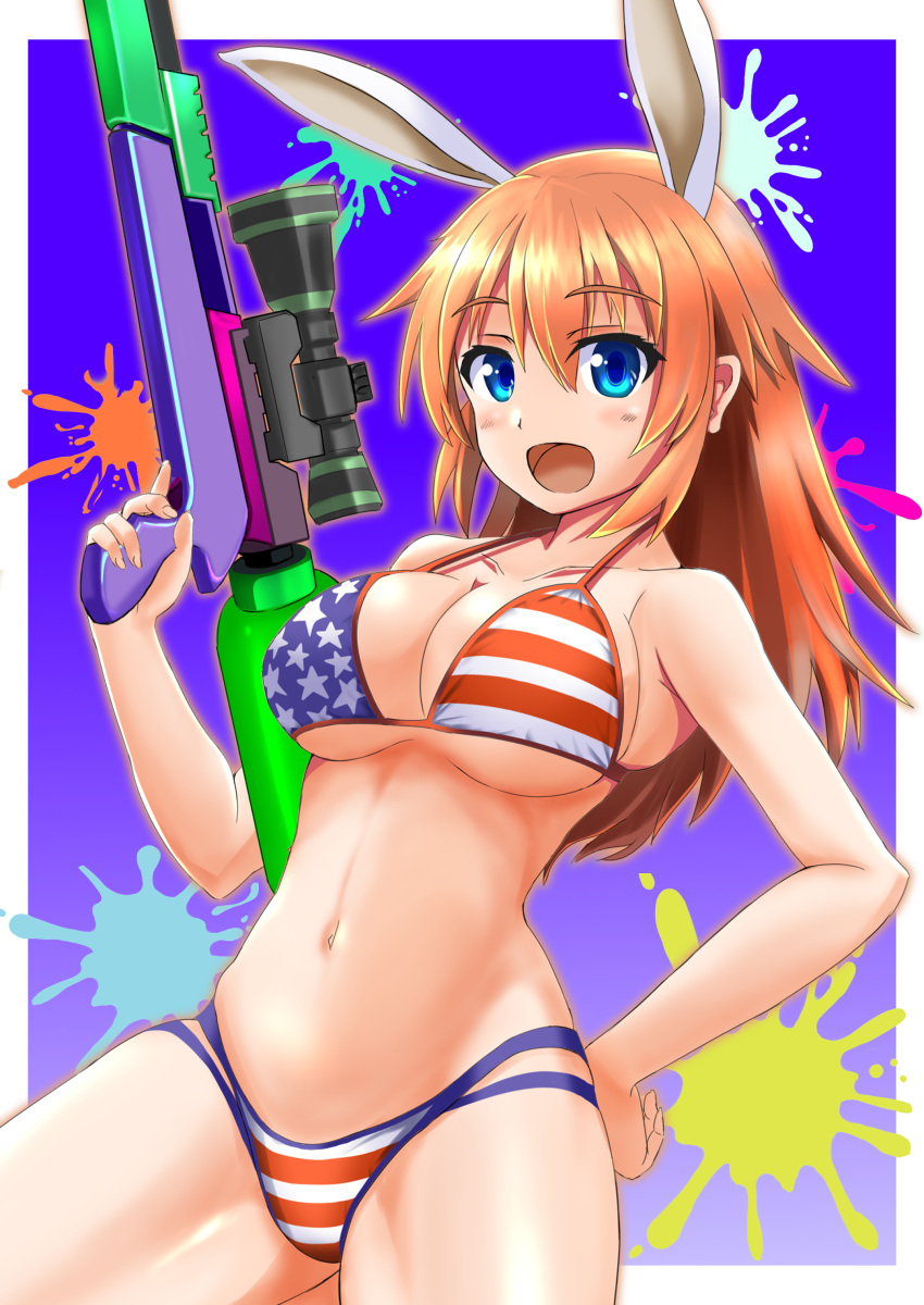 1girl absurdres american_flag_bikini animal_ears bikini blue_eyes blush breasts charlotte_e._yeager cleavage collarbone flag_print hand_on_own_hip highres large_breasts long_hair looking_at_viewer open_mouth orange_hair rabbit_ears rabbit_girl red_liquid_(artist) smile solo strike_witches swimsuit water_gun world_witches_series