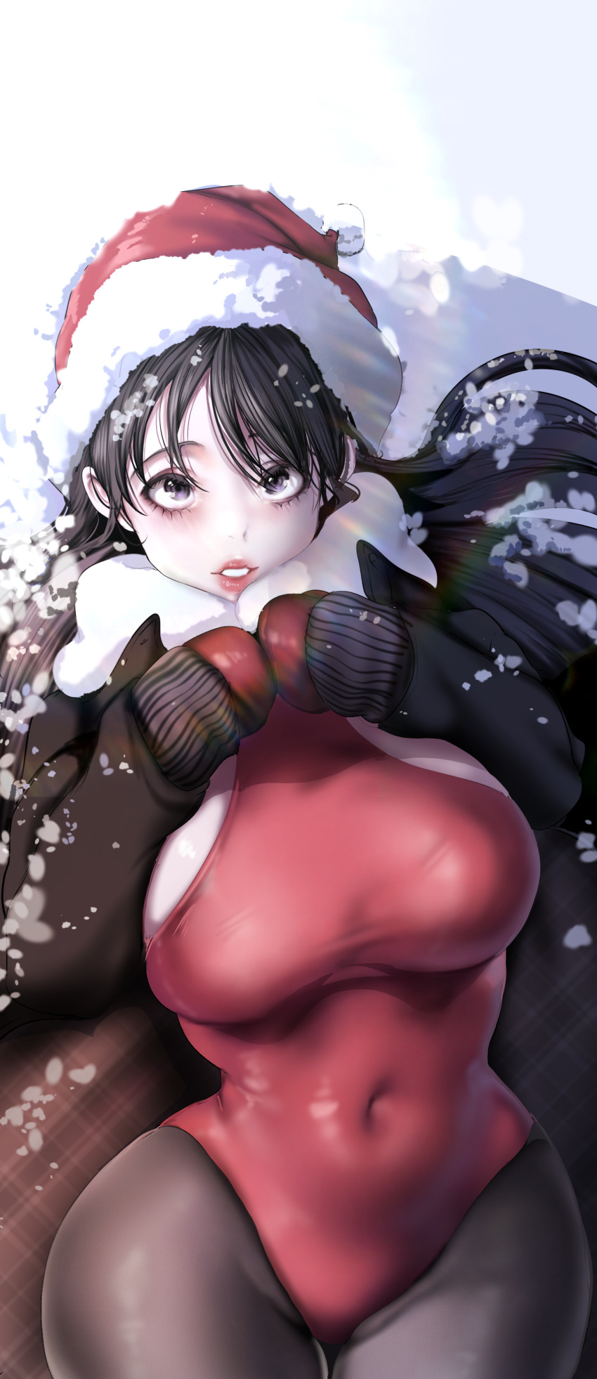 1girl absurdres black_eyes black_hair brave_new_world breasts commentary_request covered_navel cowboy_shot fur_trim hat highres jacket large_breasts leotard long_hair mittens open_clothes open_jacket pantyhose parted_lips red_leotard santa_hat snow solo teeth yoongonji