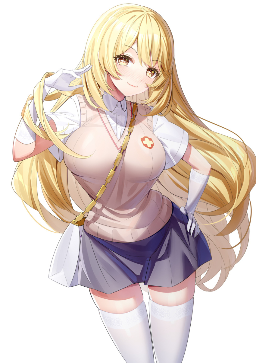 1girl bag blonde_hair blush breasts brown_sweater_vest closed_mouth collared_shirt elbow_gloves gloves grey_skirt hand_in_own_hair hand_on_own_hip hand_up highres large_breasts long_hair looking_at_viewer pleated_skirt ririko_(zhuoyandesailaer) school_emblem school_uniform shirt shokuhou_misaki short_sleeves skirt smile solo sparkling_eyes spider_web_print summer_uniform sweater_vest thighhighs thighs toaru_kagaku_no_mental_out toaru_kagaku_no_railgun toaru_majutsu_no_index tokiwadai_school_uniform white_background white_gloves white_shirt white_thighhighs yellow_eyes