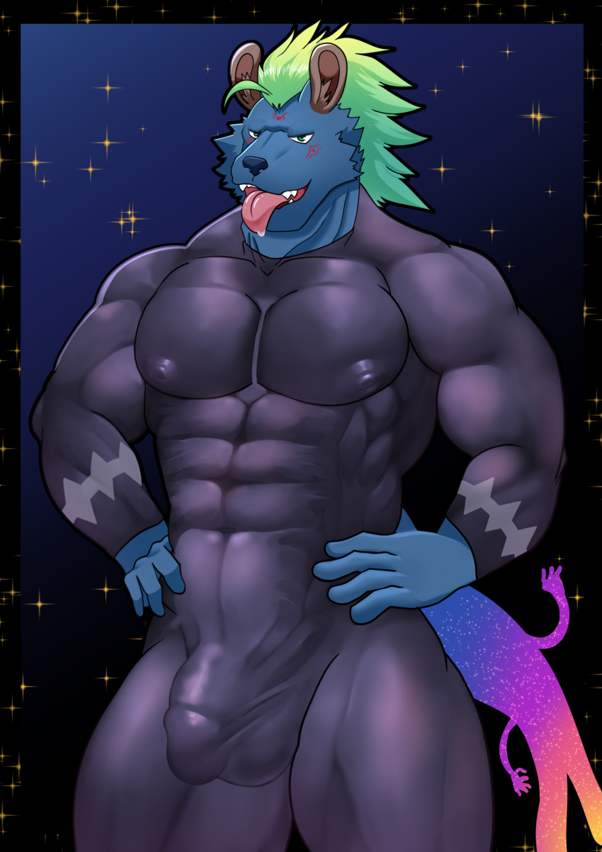 abs anthro ball_bulge blue_body blue_fur bulge clothing edogast fur green_hair hair hands_on_waist hi_res hyena lifewonders male mammal muscular muscular_arms muscular_male muscular_thighs night nipple_outline nyarlathotep_(housamo) pecs perineum_outline raised_arms skintight_bodysuit sky solo spandex_suit spread_legs spreading star tokyo_afterschool_summoners tongue tongue_out topwear