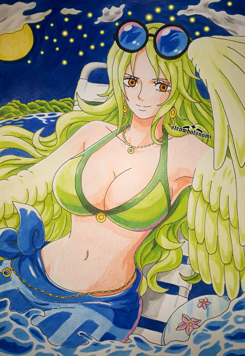 1girl absurdres adjusting_eyewear artist_name bikini breasts chair cleavage cloud commentary ear_piercing english_commentary feathered_wings feathers green_bikini green_feathers green_hair green_wings harpy highres jewelry long_hair looking_at_viewer lounge_chair midriff monet_(one_piece) monster_girl moon navel necklace one_piece piercing round_eyewear sky smile solo star_(sky) starry_sky strawhatsnami swimsuit water winged_arms wings yellow_eyes