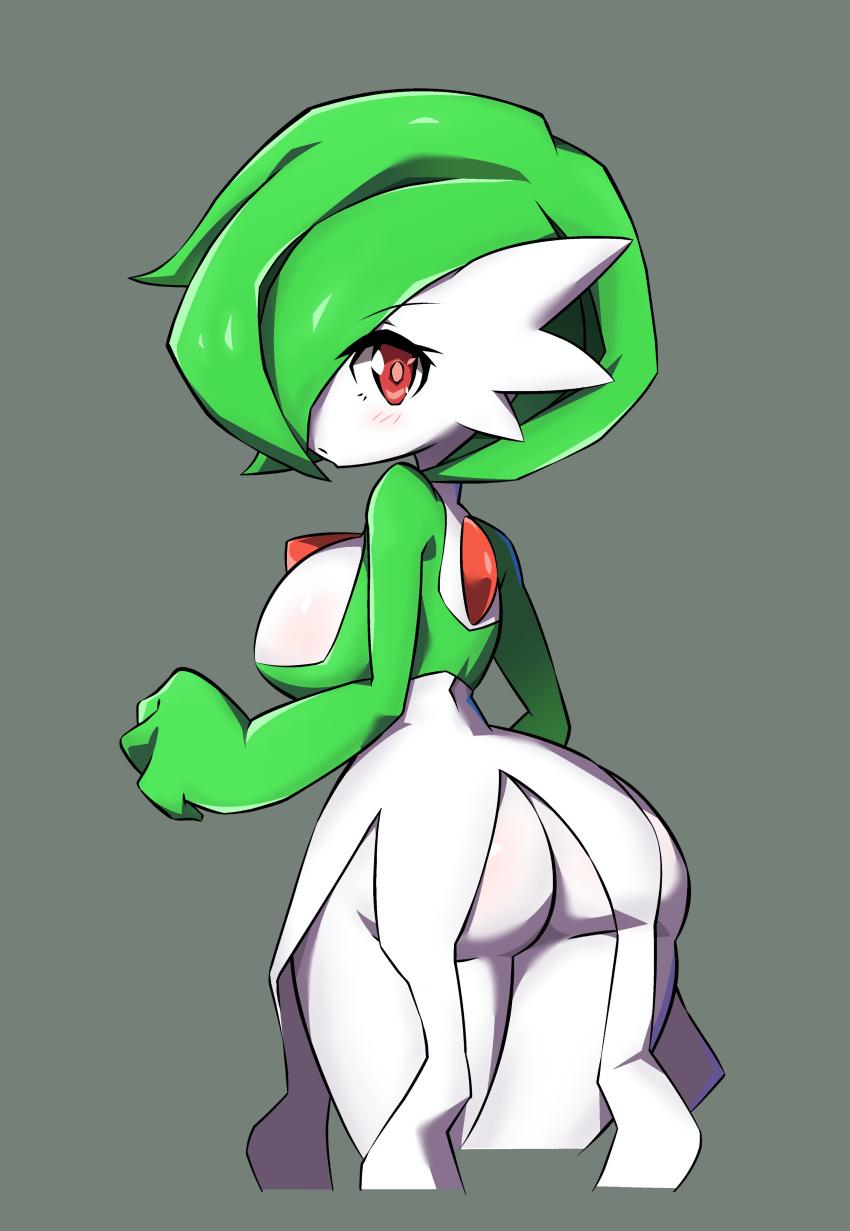 2022 absurd_res breasts butt female gardevoir generation_3_pokemon hi_res humanoid looking_at_viewer looking_back looking_back_at_viewer nintendo niyuyu not_furry pokemon pokemon_(species) red_eyes side_boob simple_background solo white_body white_skin