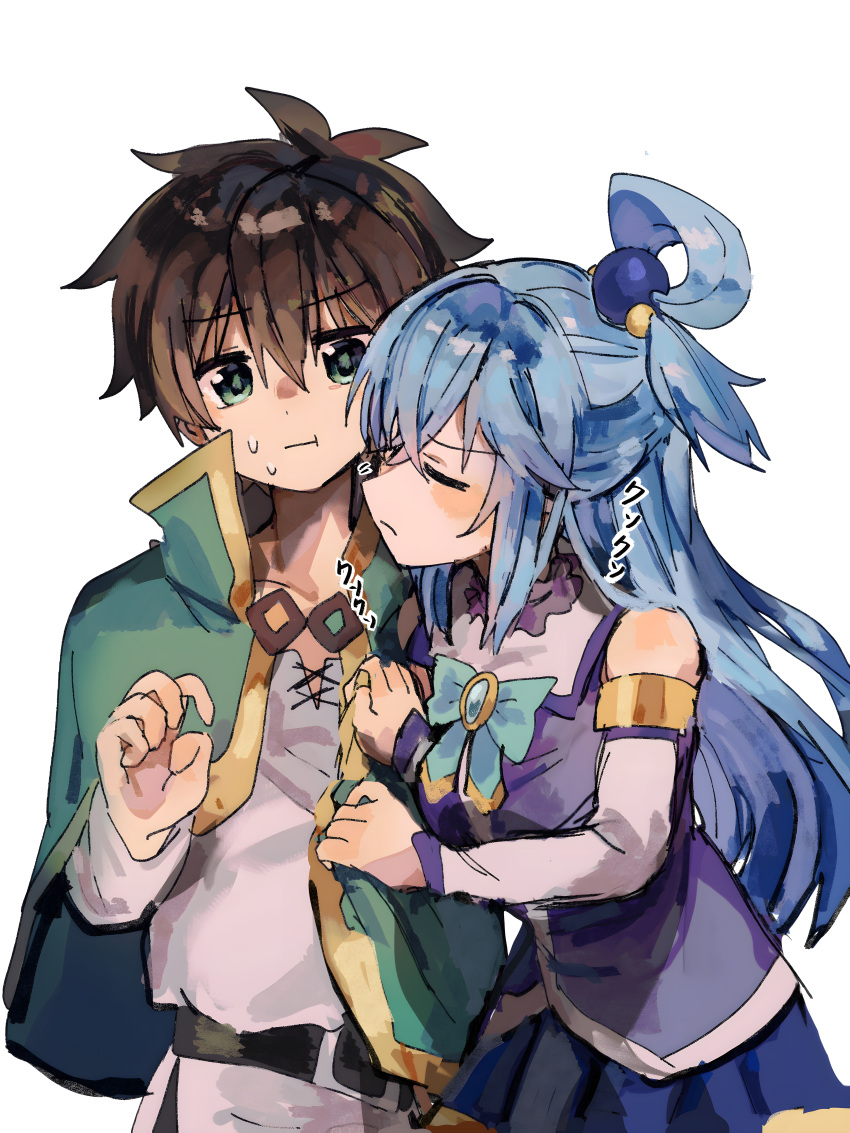 1boy 1girl absurdres aqua_(konosuba) blue_hair blue_shirt blue_skirt brown_hair closed_eyes curious green_eyes green_jacket hair_ornament hand_on_another's_chest highres jacket kono_subarashii_sekai_ni_shukufuku_wo! long_hair nervous pekeheihou satou_kazuma serious shirt simple_background skirt smelling smelling_clothes