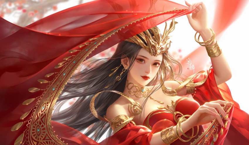 1girl absurdres bare_shoulders bracelet cai_lin_(doupo_cangqiong) closed_mouth collar doupo_cangqiong dress earrings fan_xiu_fx hagoromo hair_ornament highres holding_cloth jewelry long_hair looking_at_viewer metal_collar orange_eyes red_background red_dress second-party_source shawl smile solo