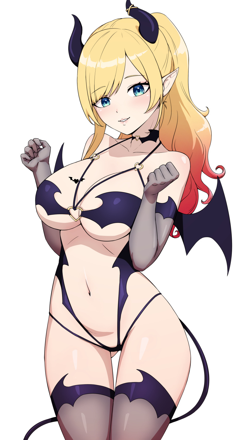 1girl absurdres alternate_costume ass_visible_through_thighs blonde_hair blue_eyes breast_tattoo breasts brown_gloves brown_thighhighs colored_tips cowboy_shot daydarion demon_girl demon_horns demon_tail demon_wings elbow_gloves gloves highres hololive horns large_breasts looking_at_viewer multicolored_hair navel o-ring o-ring_top pointy_ears ponytail red_hair revealing_clothes simple_background smile solo tail tattoo thigh_gap thighhighs virtual_youtuber white_background wings yuzuki_choco