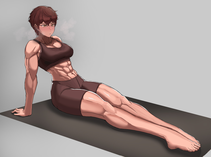 1girl abs absurdres arm_support bike_shorts breasts brown_hair brown_sports_bra grey_background heavy_breathing highres muscular muscular_female original short_hair simple_background sitting soolee040995 sports_bra stretching sweat sweatdrop thighs tomboy yellow_eyes yoga_mat