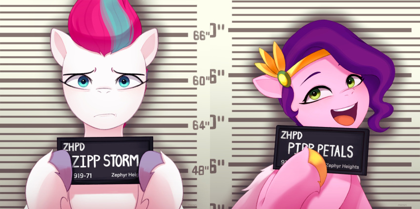 2023 absurd_res barbie_and_ken_mugshot_meme blue_eyes blue_hair blue_mane crown digital_media_(artwork) duo equid equine female feral folded_wings fur green_eyes hair hasbro headgear hi_res holding_object hooves looking_at_viewer mammal mane marenlicious meme mlp_g5 mugshot multicolored_hair multicolored_mane my_little_pony open_mouth open_smile pegasus pink_body pink_fur pink_hair pink_mane pipp_petals_(mlp) purple_hair purple_mane smile two_tone_hair two_tone_mane white_body white_fur wings zipp_storm_(mlp)