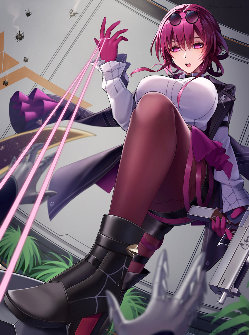 1girl artist_name black_jacket boots breasts collared_shirt eyewear_on_head firing gloves gun hair_between_eyes highres holding holding_gun holding_weapon honkai:_star_rail honkai_(series) indoors jacket kafka_(honkai:_star_rail) kutsuda_miru large_breasts long_sleeves looking_down open_mouth pantyhose purple_eyes purple_gloves purple_hair purple_pantyhose round_eyewear shirt single_thigh_boot solo_focus sunglasses teeth thigh_boots thighs wall weapon white_shirt