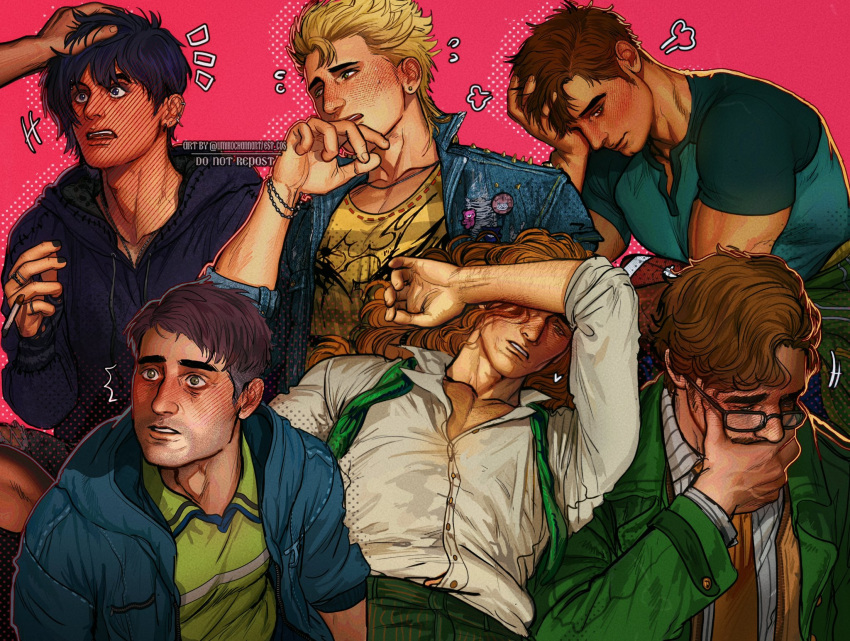 6+boys alex_(stardew_valley) bara black_hair black_nails blonde_hair blue_jacket blush brown_hair closed_mouth collared_shirt elliott_(stardew_valley) glasses green_jacket green_pants green_shirt harvey_(stardew_valley) highres hood hood_down hooded_jacket jacket large_pectorals male_focus multiple_boys muscular muscular_male necktie open_clothes open_jacket open_mouth pants pectorals purple_hair purple_jacket sam_(stardew_valley) sebastian_(stardew_valley) shane_(stardew_valley) shirt short_hair stardew_valley suspenders twitter_username umikochannart white_shirt yellow_shirt