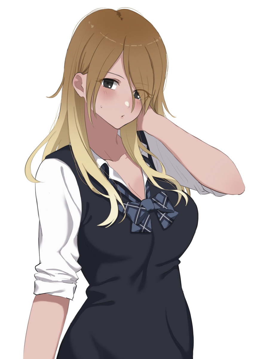0-toki 1girl absurdres black_eyes black_sweater_vest blonde_hair blue_bow blue_bowtie blush bow bowtie breasts brown_hair cleavage collarbone dark-skinned_female dark_skin gradient_hair gyaru hand_on_own_face hand_up highres idolmaster idolmaster_shiny_colors izumi_mei large_breasts long_hair long_sleeves looking_at_viewer multicolored_hair parted_lips plaid plaid_bow plaid_bowtie school_uniform shirt simple_background sleeves_rolled_up solo standing sweatdrop sweater_vest tan upper_body white_background white_shirt