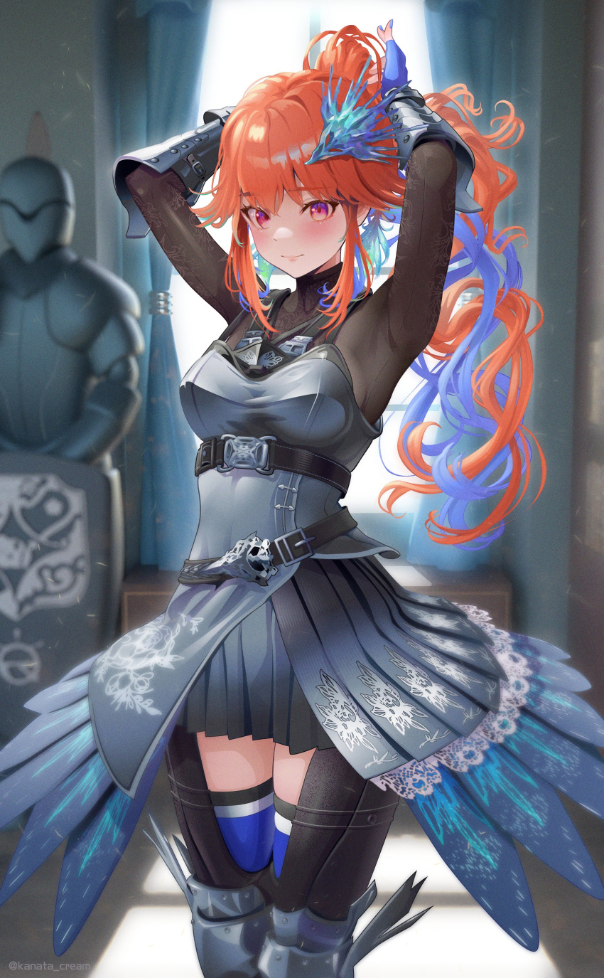 1girl absurdres armor armpits arms_up belt bird_hair_ornament blue_hair earrings feather_earrings feathers fingerless_gloves gauntlets gloves hair_ornament highres hololive hololive_english jewelry kanata_cream long_hair looking_at_viewer multicolored_hair official_alternate_costume orange_hair pleated_skirt ponytail purple_eyes skirt smile solo takanashi_kiara takanashi_kiara_(knight) virtual_youtuber