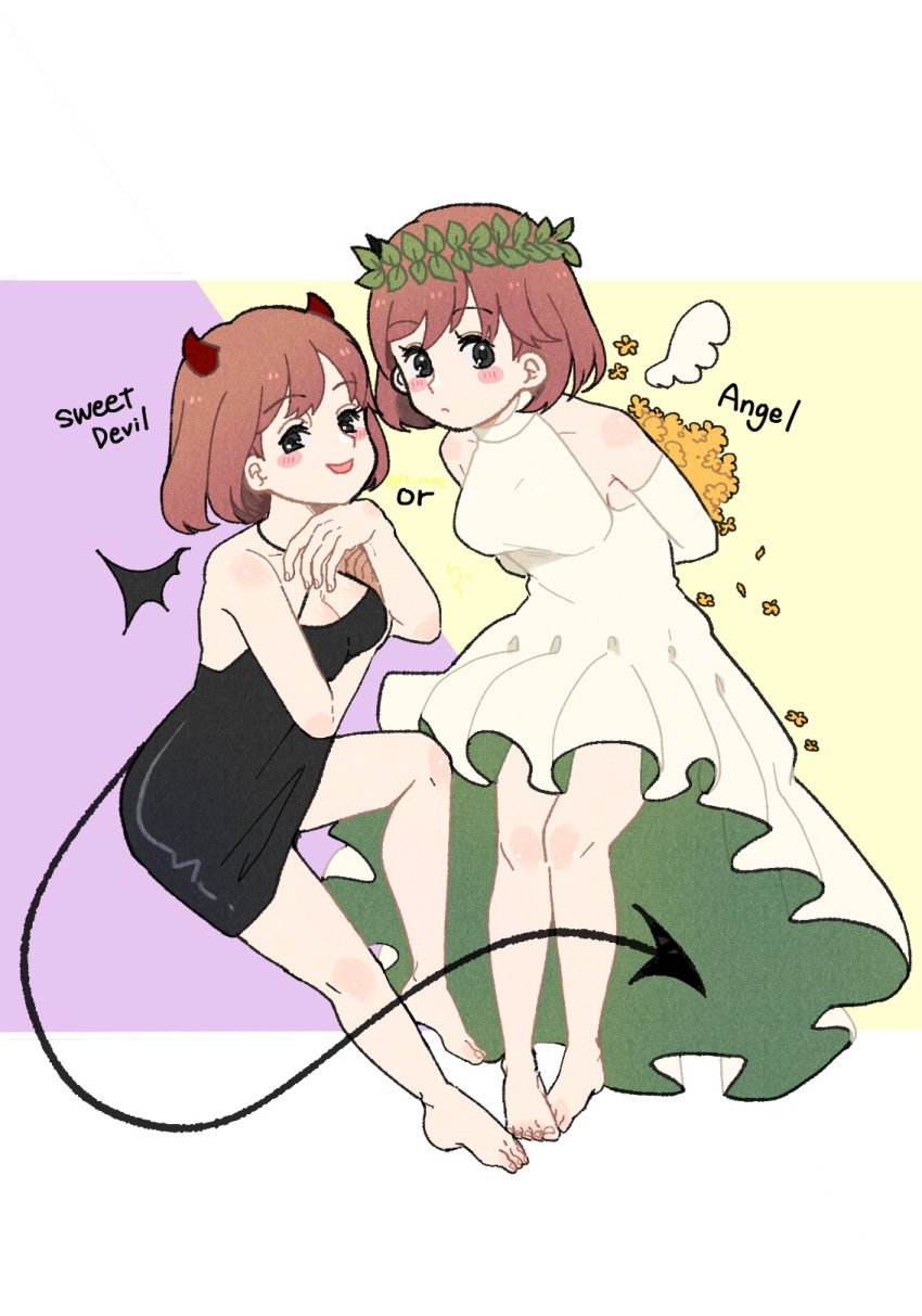 2girls angel angel_and_devil angel_wings arms_behind_back bare_legs barefoot black_dress black_wings blush bob_cut breasts brown_hair cleavage demon_girl demon_tail demon_wings detached_wings dress dual_persona elbow_gloves english_text fe_rune floating flower frilled_dress frills full_body gloves halter_dress halterneck head_wreath high-low_skirt highres horns knee_up looking_at_viewer medium_breasts multiple_girls pencil_dress protagonist_(tokimemo_gs3) purple_background red_horns short_hair sleeveless sleeveless_dress smirk tail tokimeki_memorial tokimeki_memorial_girl's_side_3rd_story white_background white_dress white_gloves white_wings wings yellow_background yellow_flower