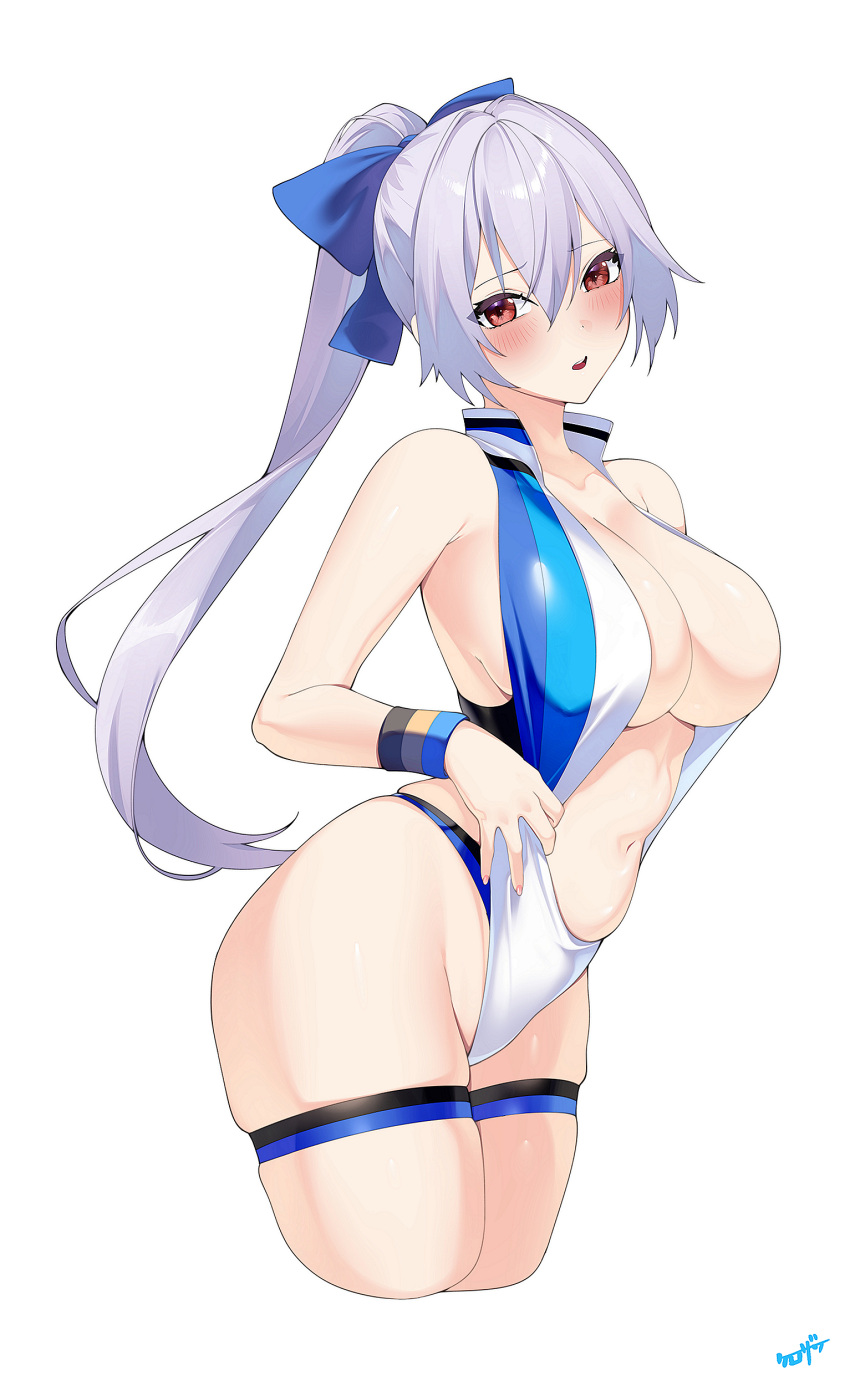 1girl absurdres bare_shoulders blue_bow blue_one-piece_swimsuit bow breasts center_opening cleavage collarbone fate/grand_order fate_(series) hair_between_eyes hair_bow highleg highleg_swimsuit highres kurozawa_yui large_breasts long_hair looking_at_viewer navel one-piece_swimsuit open_mouth ponytail red_eyes solo swimsuit thigh_strap thighs tomoe_gozen_(fate) tomoe_gozen_(swimsuit_saber)_(fate) tomoe_gozen_(swimsuit_saber)_(first_ascension)_(fate) two-tone_swimsuit white_hair white_one-piece_swimsuit wristband