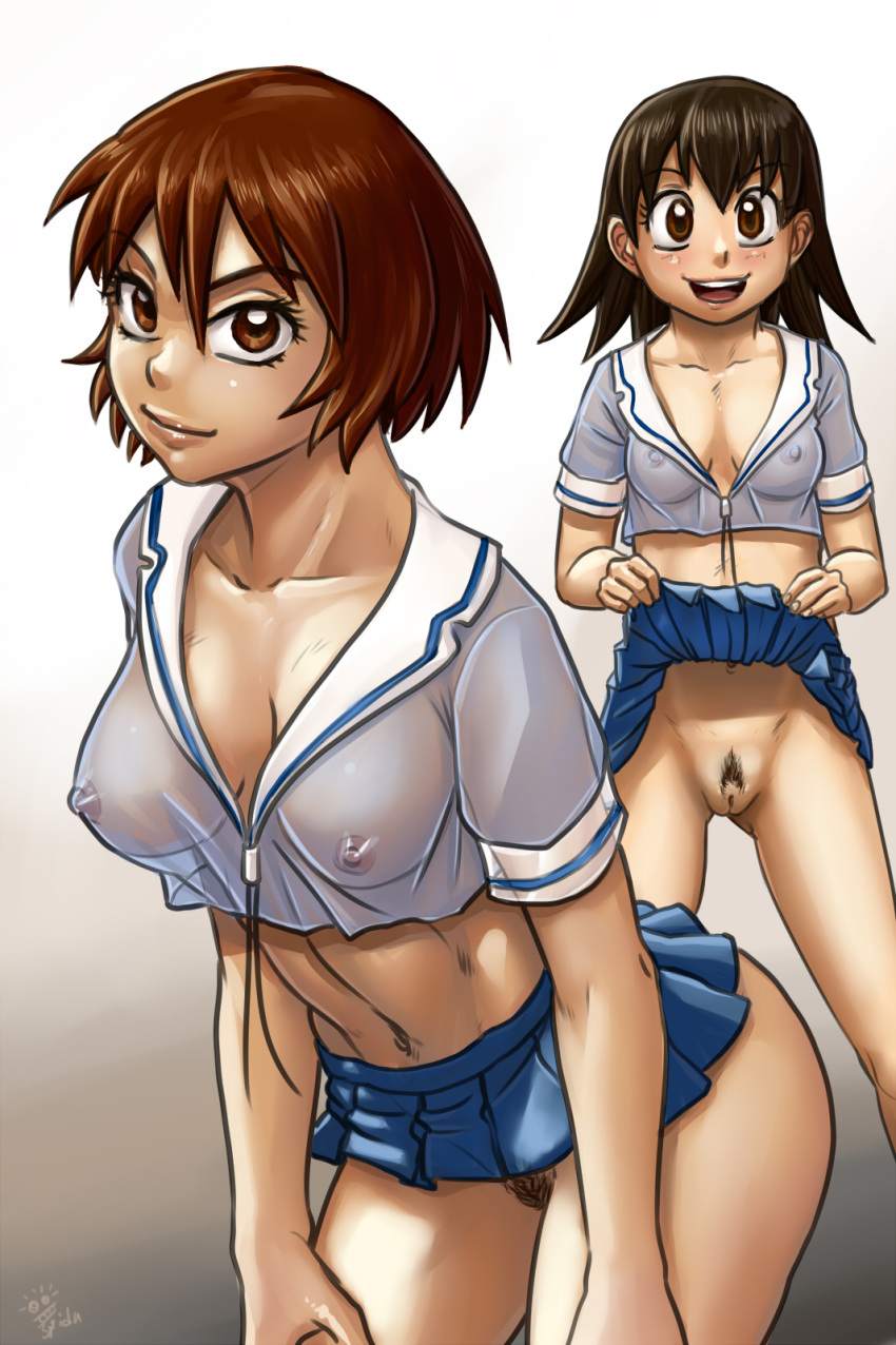 2girls :d adapted_costume artist_name ass ass_visible_through_thighs azumanga_daioh azumanga_daioh's_school_uniform black_ribbon blue_serafuku blue_shirt blue_skirt blush bob_cut breasts brown_background brown_eyes brown_hair closed_mouth clothes_lift collarbone commentary covered_nipples cowboy_shot crop_top crop_top_overhang cropped_shirt english_commentary exhibitionism female_pubic_hair flashing gradient_background groin hair_between_eyes hands_on_own_thighs highres kagura_(azumanga_daioh) leaning_forward lifted_by_self lips long_bangs looking_at_viewer medium_breasts medium_hair microskirt midriff multiple_girls navel neck_ribbon nipples no_bra no_panties open_mouth pleated_skirt pubic_hair public_indecency pussy revealing_clothes ribbon school_uniform see-through see-through_shirt serafuku shirt short_hair short_sleeves signature skirt skirt_lift small_breasts smile spidu standing summer_uniform takino_tomo teeth thigh_gap uncensored upper_teeth_only v-neck white_background