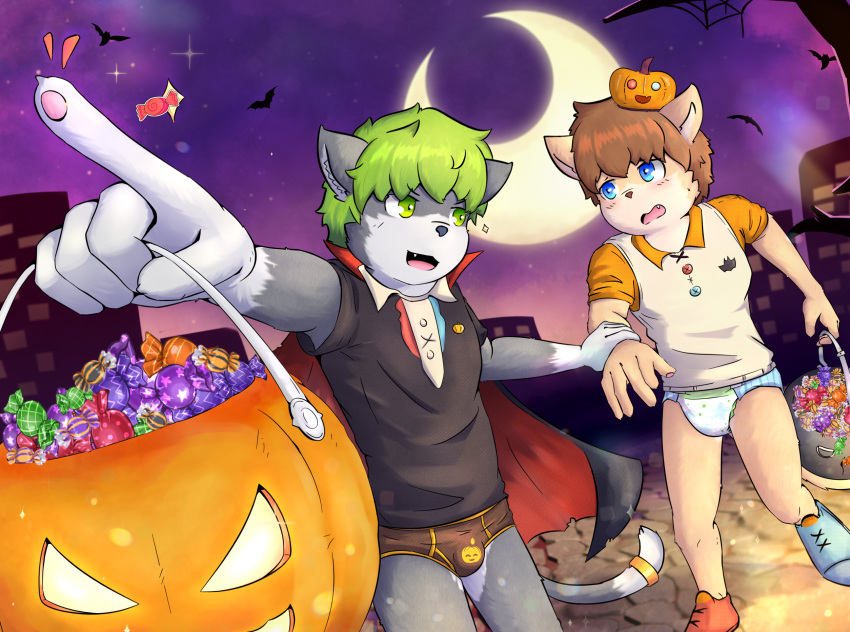 anthro briefs candy clothing colored_seam_underwear costume dessert diaper domestic_cat duo embarrassed exhibitionism felid feline felis food fruit halloween hi_res holidays kemono koro luce_bontemps male male/male mammal pantsless plant print_briefs print_clothing print_underwear printed_diaper pumpkin shinko underwear