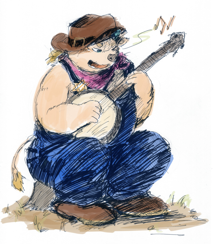 2023 anthro aotadobukitch babe_bunyan banjo_(instrument) bovid bovine cattle clothing cowboy_hat hat headgear headwear hi_res kemono lifewonders male mammal musical_instrument overalls plucked_string_instrument sitting solo string_instrument tokyo_afterschool_summoners young