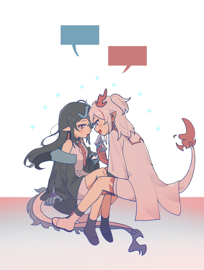 2girls :d absurdres arknights bare_shoulders black_hair black_jacket black_socks blank_speech_bubble blush_stickers boots breasts collared_dress dragon_girl dragon_horns dragon_tail dress dusk_(arknights) eye_contact fang flame-tipped_tail grey_hair highres holding horns jacket long_hair long_sleeves looking_at_another medium_breasts multicolored_hair multiple_girls necktie nian_(arknights) parted_lips pointy_ears ponytail purple_eyes red_eyes red_necktie sifeizui simple_background sleeveless sleeveless_dress smile socks speech_bubble streaked_hair tail very_long_hair white_background white_dress white_footwear white_jacket wide_sleeves