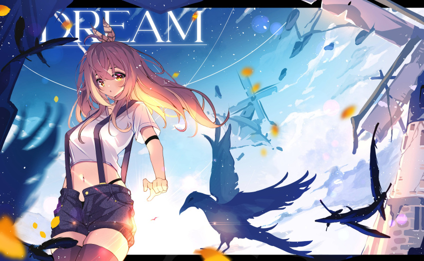 1girl :o absurdres ahoge alternate_costume arm_strap bird black_shorts blurry brown_eyes brown_hair cloud cloudy_sky crop_top crossed_bangs crow depth_of_field falling_feathers falling_petals floating_island highleg highleg_panties highres hololive hololive_english light_particles long_hair looking_at_viewer midriff motion_blur multicolored_hair nanashi_mumei navel open_fly panties petals short_shorts shorts sky star_(sky) starry_sky streaked_hair suspender_shorts suspenders the0neulost thighhighs underwear v-neck very_long_hair virtual_youtuber windmill