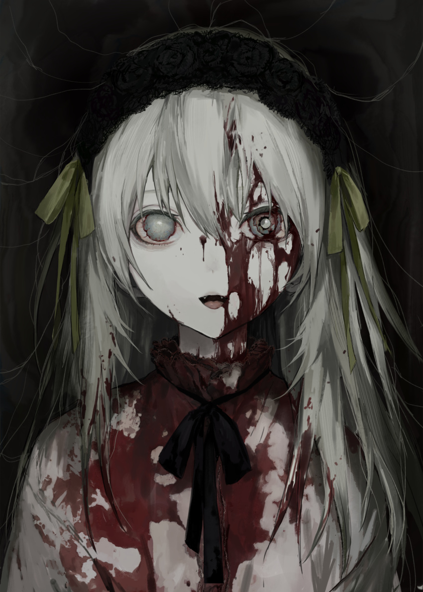 1girl absurdres black_flower black_hairband black_ribbon black_rose blood blood_from_eyes blood_on_clothes blood_on_face bloodshot_eyes commentary dark_background dress english_commentary fangs flower flower_hairband grey_dress grey_eyes grey_hair hair_ribbon hairband highres jiz_(pffbq) long_hair looking_at_viewer neck_ribbon open_mouth original ribbon rose solo tongue upper_body yellow_ribbon