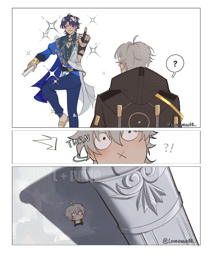 !? 2boys :x ? absurdres ahoge ancient_greek_clothes black_jacket blue_hair blue_pants book caelus_(honkai:_star_rail) chibi closed_mouth dr._ratio_(honkai:_star_rail) english_commentary fingerless_gloves gloves greco-roman_clothes grey_hair highres holding holding_book holding_weapon honkai:_star_rail honkai_(series) jacket lingdian00 male_focus multiple_boys pants pectoral_cleavage pectorals sandals shadow short_hair smile speech_bubble stone_pillar trailblazer_(honkai:_star_rail) twitter_username weapon