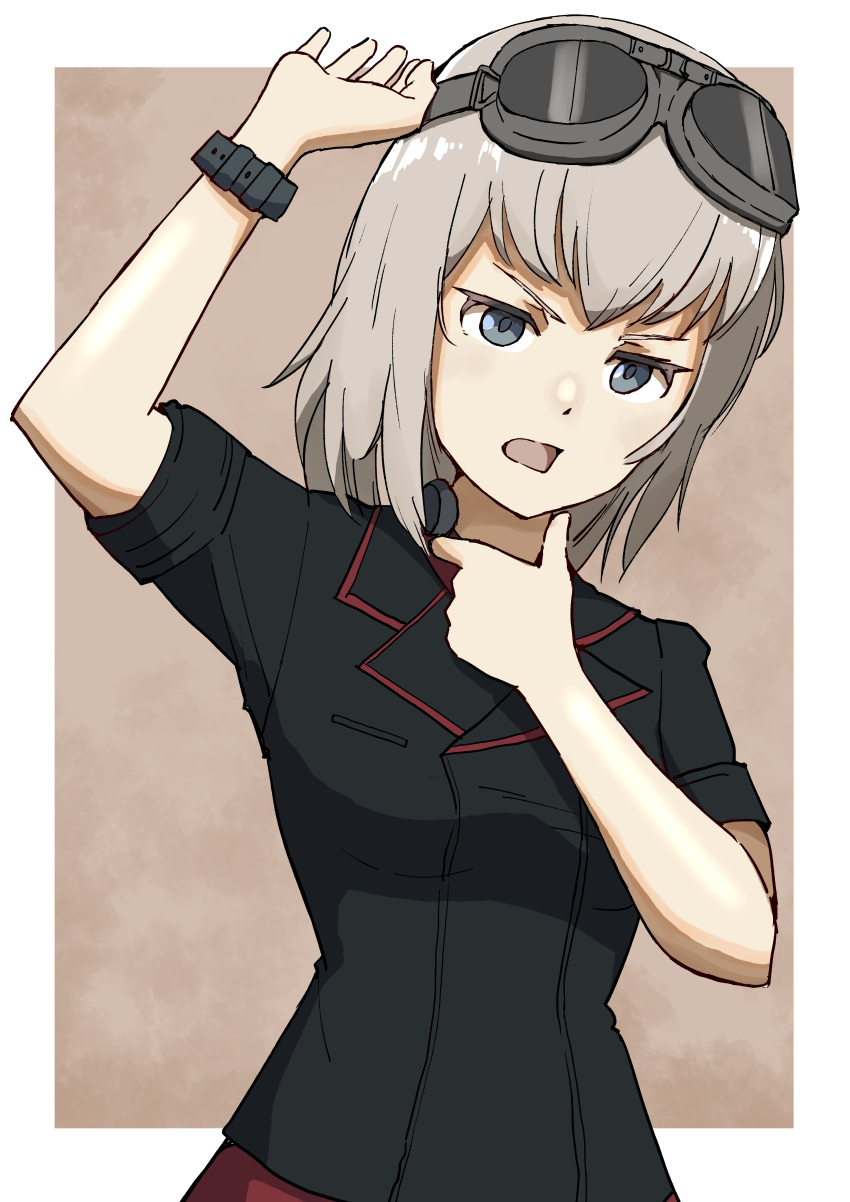 1girl absurdres arm_up black_jacket blue_eyes commentary dress_shirt frown girls_und_panzer goggles goggles_on_head grey_hair haldeco hand_on_own_throat highres insignia itsumi_erika jacket kuromorimine_military_uniform long_sleeves looking_at_viewer medium_hair military_uniform open_mouth red_shirt shirt solo throat_microphone uniform upper_body watch wing_collar wristwatch