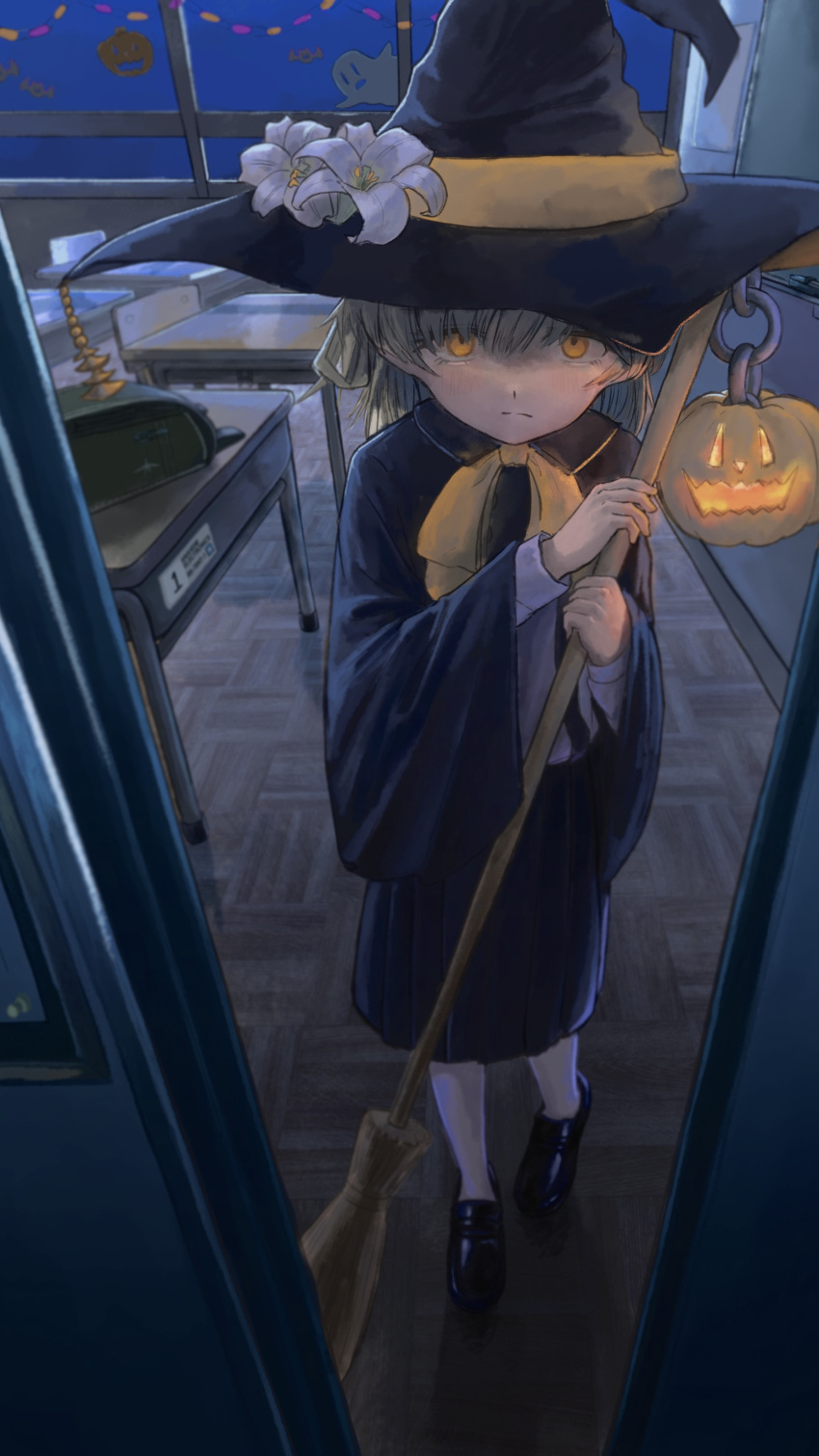 1girl absurdres alternate_costume backpack bag black_cloak black_skirt broom brown_hair classroom cloak closed_mouth commentary_request decorations desk doorway expressionless flower foreshortening full_body halloween halloween_costume hands_up hat hat_flower hatoba_tsugu highres holding holding_broom indoors jack-o'-lantern long_sleeves medium_hair neck_ribbon night open_door orange_eyes orange_ribbon pantyhose randoseru relvetic ribbon school_desk shirt single_hair_ring skirt sliding_doors solo standing tsugu_(vtuber) two-handed unworn_backpack virtual_youtuber white_flower white_pantyhose white_shirt window witch_hat wooden_floor