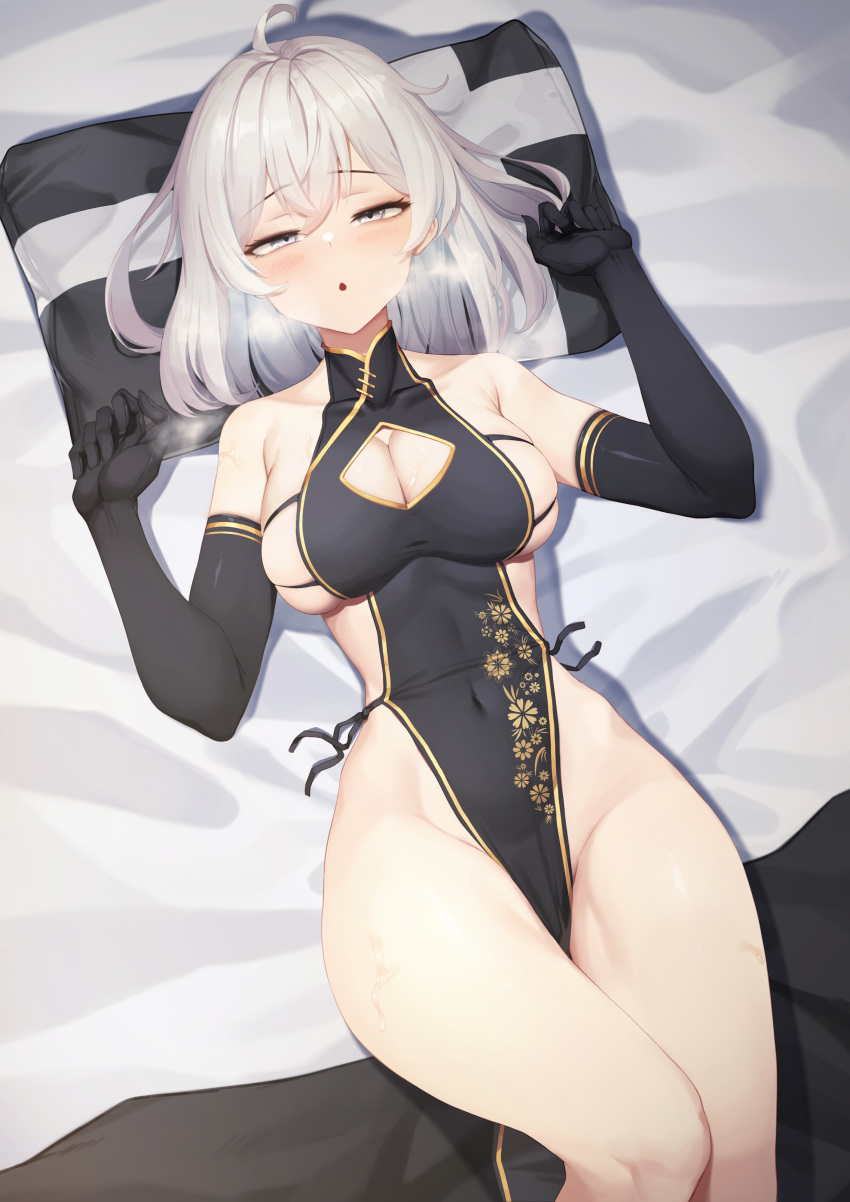 1girl absurdres ahoge bare_shoulders bed_sheet black_dress black_gloves breasts china_dress chinese_clothes cleavage cleavage_cutout clothing_cutout commission covered_navel daydream_(zhdkffk21) dress elbow_gloves floral_print gloves gold_trim grey_eyes half-closed_eyes hands_up heavy_breathing highres knee_up large_breasts looking_at_viewer lying medium_hair no_panties on_back on_bed original parted_lips pelvic_curtain pillow print_dress revealing_clothes side-tie_peek sideboob sideless_outfit skindentation sleeveless sleeveless_dress solo sweat thighs white_hair