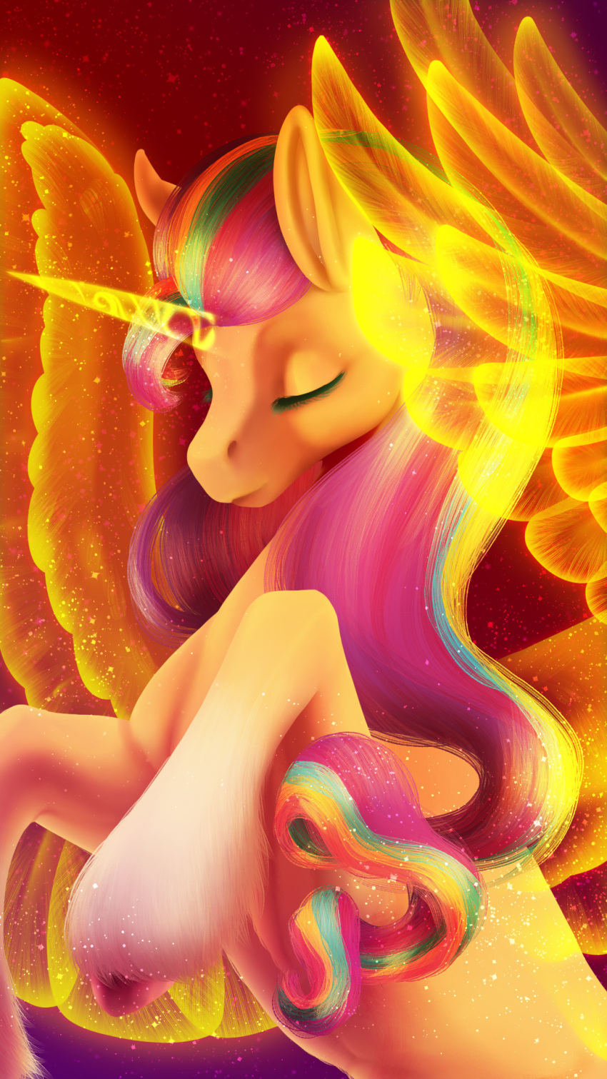 2023 digital_media_(artwork) equid equine eyelashes eyes_closed feathered_wings feathers female feral fur hair hasbro hi_res hooves horn leg_tuft long_hair long_mane mammal mane mlp_g5 multicolored_hair multicolored_mane my_little_pony oneiria-fylakas orange_body orange_fur purple_hair purple_mane solo sunny_starscout_(mlp) tuft winged_unicorn wings