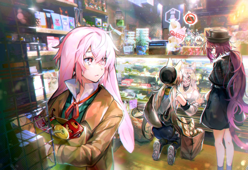 2girls 3boys adnachiel_(arknights) animal_ears ansel_(arknights) arknights arms_behind_back artist_name bag baguette bare_legs beret black_headwear black_skirt blonde_hair blue_hair bowler_hat bread brown_jacket cardigan_(arknights) cardigan_(sunny_day)_(arknights) cash_register cat_ears cat_girl cat_tail collared_shirt commentary dog_ears english_text feet_out_of_frame food full_body green_vest halo hat highres holding holding_bag ice_cream indoors jacket jar long_hair lop_rabbit_ears melantha_(arknights) melantha_(letters_from_wessex)_(arknights) multiple_boys multiple_girls pink_eyes pink_hair plaid plaid_vest pocky purple_hair rabbit_ears shelf shirt shopping_bag short_hair skirt sparkling_eyes speech_bubble squatting steward_(arknights) tail tin_(container) upper_body vest wed_(lim38869577) white_shirt