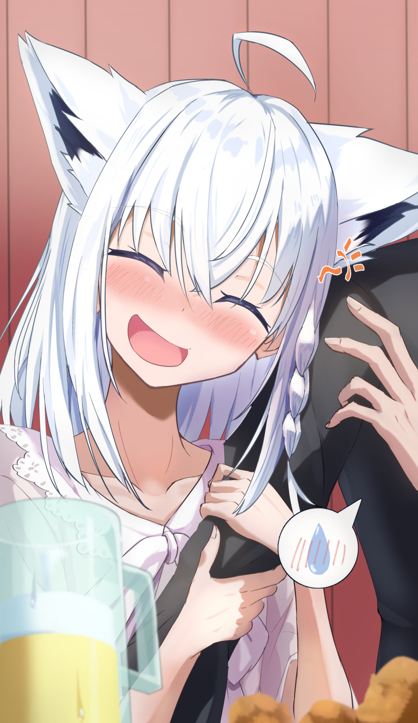 1girl absurdres ahoge animal_ear_fluff animal_ears arm_hug beer_mug black_shirt blush braid closed_eyes collarbone commentary_request cup drunk extra_ears facing_viewer fox_ears fox_girl fox_tail hair_between_eyes highres hololive indoors kirimoya long_hair mug open_mouth shirakami_fubuki shirt sidelocks single_braid spoken_blush spoken_sweatdrop sweatdrop tail virtual_youtuber white_hair white_shirt