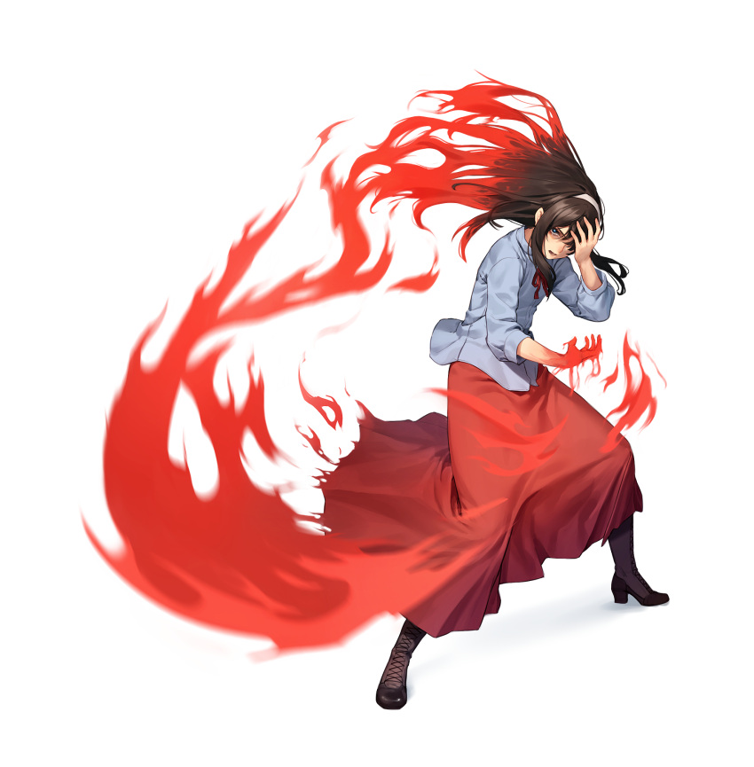 1girl beeeeen black_hair blue_eyes breasts collared_shirt dress_shirt fiery_hair fire gradient_hair hairband highres long_hair long_skirt long_sleeves looking_at_viewer multicolored_hair red_hair red_skirt shirt skirt small_breasts solo tohno_akiha tsukihime tsukihime_(remake) white_shirt