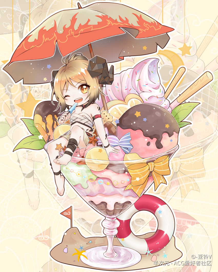 1girl arknights arm_strap barefoot black_horns black_wristband bow brown_hair checkerboard_cookie chibi cookie demon_horns eyelashes flame_print food highres holding holding_food holding_popsicle horns ice_cream ifrit_(arknights) innertube one_eye_closed open_mouth orange_bow pocky popsicle sand sitting solo sprinkles striped striped_bow sundae umbrella varinr wrapped_candy zoom_layer