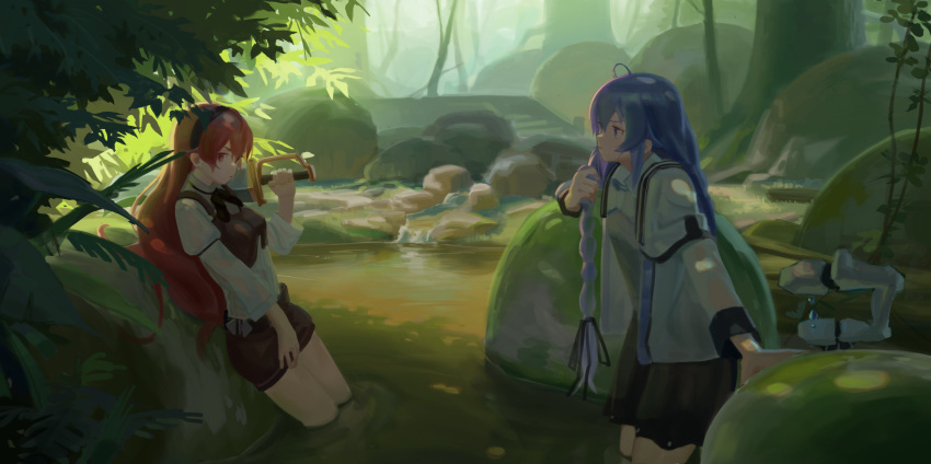 2girls absurdres against_rock ahoge angry black_skirt blue_eyes blue_hair braid breasts brown_shorts eris_greyrat from_side hair_between_eyes highres holding holding_sword holding_weapon in_water long_hair long_sleeves looking_at_another mage_staff moss multiple_girls mushoku_tensei outdoors red_eyes red_hair robe roxy_migurdia shirt shorts skirt small_breasts staff straight_hair sword toxic_(toxicv) very_long_hair wading weapon wet wet_clothes white_robe white_shirt