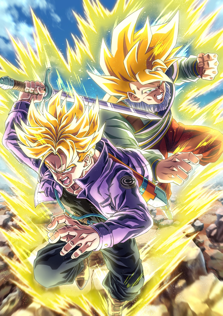 2boys absurdres aura belt black_pants black_shirt boots brown_pants capsule_corp charging_forward clenched_hand clenched_teeth collaboration collared_jacket commentary_request dragon_ball dragon_ball_z green_eyes highres holding holding_sword holding_weapon incoming_attack jacket looking_at_viewer male_focus mocky_art multiple_boys muscular muscular_male open_clothes open_jacket open_mouth pants purple_jacket rock scabbard sheath shirt son_goku spiked_hair super_saiyan super_saiyan_1 sword teeth trunks_(dragon_ball) trunks_(future)_(dragon_ball) typo v-shaped_eyebrows weapon white_shirt yuuji11111